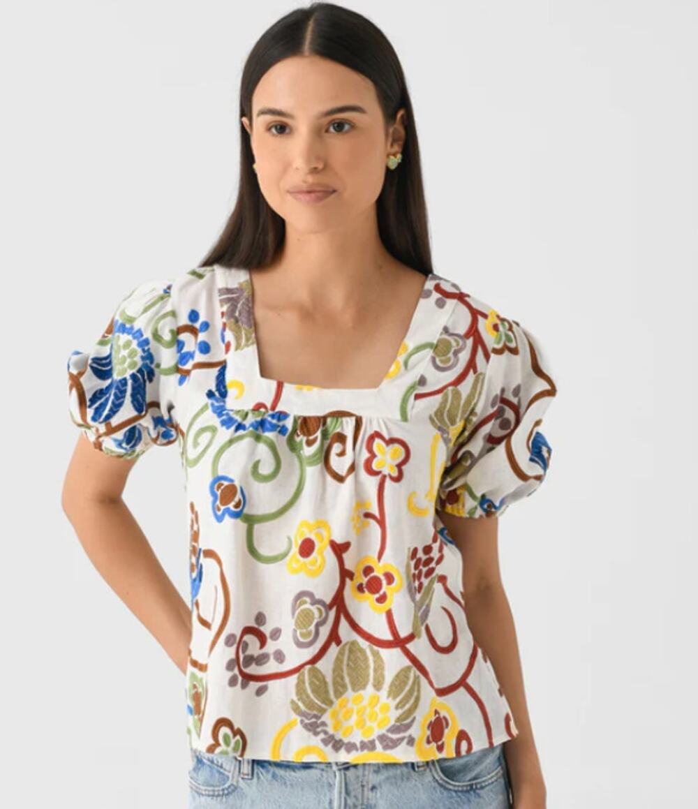 Never A Wallflower Square Neck Blouse in Embroidered Linen Size XSmall New
